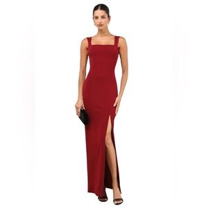 Lulu’s Column Dress Red L Square Neck Maxi Cross X Back Side Slit NWT NEW